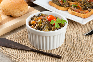 Appetizer of vegetables or eggplant antipasto. Simple cooking concept. Top view.