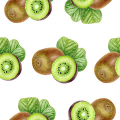 Kiwi fruit hand drawn watercolor illustration. Seamless pattern.