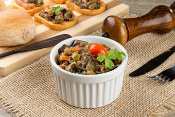 Appetizer of vegetables or eggplant antipasto. Healthy food for vegetarians. Appetizer concept.
