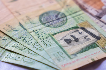 Closeup Saudia Arab Riyal Bank Notes. King of KSA.