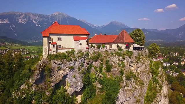 Aerial view Lake Bled, Castle Bled and Julian Alps in Slovenia. 
