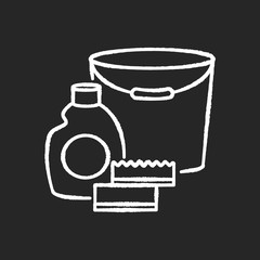Cleaning supplies chalk white icon on black background. Detergent for sanitation. Disinfectant in bottle. Bucket for washing. Chemical agent for housework. Isolated vector chalkboard illustration