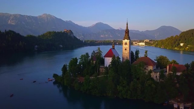 Aerial view of Lake Bled, Castle Bled and Julian Alps in Slovenia. 