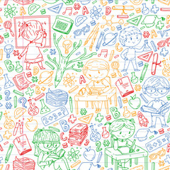 Back to school. Vector icons and elements for little children, college. Doodle style, kids drawing
