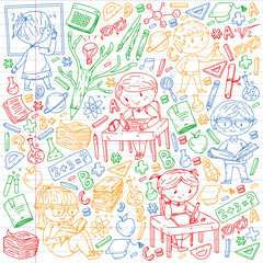 Back to school. Vector icons and elements for little children, college. Doodle style, kids drawing