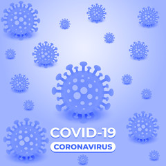 Naklejka premium Coronavirus covid-19 vector background. Danger of infection 2019-ncov novel coronavirus bacteria. Corona virus infection covid-19 cells on a blue background. Stop coronavirus. Vector Illustration.