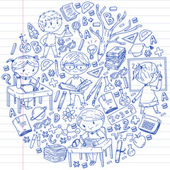 Back to school. Vector icons and elements for little children, college. Doodle style, kids drawing