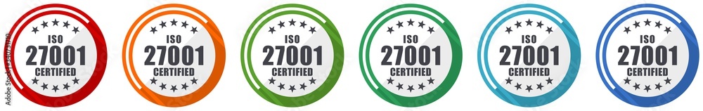 Aufkleber Iso 27001 icon set, flat design vector illustration in 6 colors options for webdesign and mobile applications