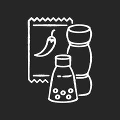 Condiments chalk white icon on black background. Pepper in glass jar. Salt for cooking. Food recipe ingredient. Seasoning options. Dressings for cooking. Isolated vector chalkboard illustration