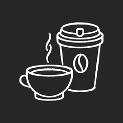 Tea and coffee chalk white icon on black background. Coffee in disposable cup for takeaway. Aromatic black tea in mug. Espresso to drink in cafe. Isolated vector chalkboard illustration