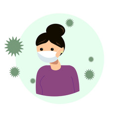 Young woman in a medical mask and a purple jacket. Illustration for a banner or flyer