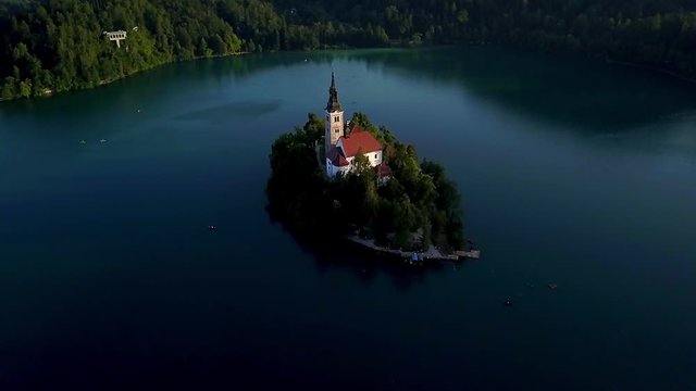 Aerial view of Lake Bled and Castle Bled in Slovenia. 