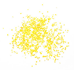 a pile of corn grits isolated on a white background, top view. a dietary culinary dish rich in vitamins for Breakfast