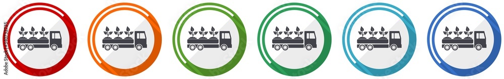 Poster truck icon set, plants and trees delivery flat design vector illustration in 6 colors options for we