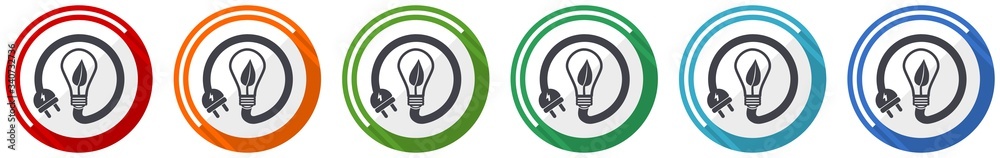 Aufkleber ecology, eco bulb icon set, renewable energy flat design vector illustration in 6 colors options for