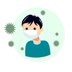 A young man wearing a medical protective mask against the corona virus