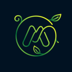 M letter leaf logo in a circle. Impossible one line style.