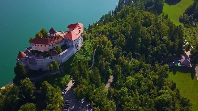 Aerial view of Lake Bled and Castle Bled in Slovenia. 