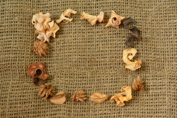 
idea for invitation or greeting card. Space for text on a background of linen.