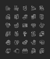 Groceries category chalk white icons set on black background. Various supermarket food sections. Drink products for ecommerce and retail. Store supplies. Isolated vector chalkboard illustrations