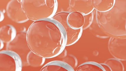 Bubble oil on water background orange color. Flying abstract glass or water blobs or drops. 3d render animation. Soap Bubbles Isolated