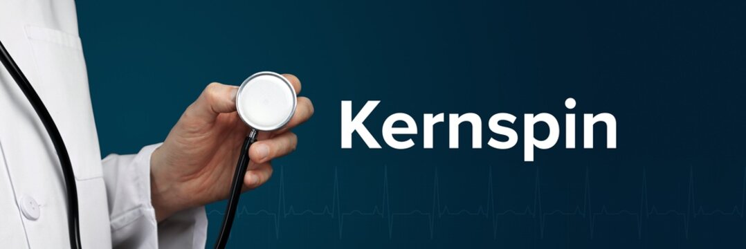 Kernspin. Arzt im Kittel h&auml;lt Stethoskop. Das Wort Kernspin steht daneben. Symbol f&uuml;r Medizin, Krankheit, Gesundheit