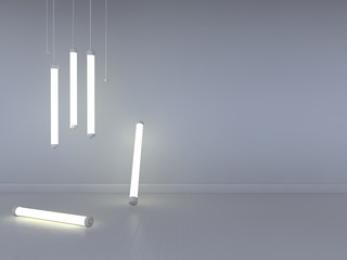 Tube fluorescent light bulbs sets in quiet white room 3D rendering,3D illustration