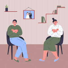 Conflict between woman and man.Quarrel of young male and female.Relationship crisis.Couple offended at each other.Flat cartoon characters isolated on white background.Colorful vector illustration.