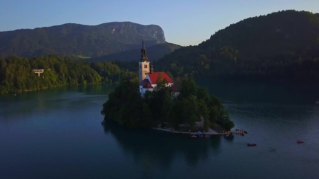 Aerial view of Lake Bled and Castle Bled in Slovenia. 