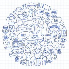 Fototapeta na wymiar Vector icons and elements. Kindergarten, toys. Little children play, learn, grow together.