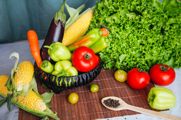 Flatlay of fresh vegetables. Frame of vegetables. Healthy feeding concept