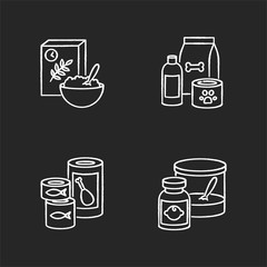 Food items chalk white icons set on black background. Cereal in bowl for breakfast. Pet care products. Shampoo for dogs. Domestic animal food. Isolated vector chalkboard illustrations