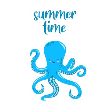 Vector adorable cute octopus character. Summer time card.