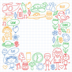 Vector icons and elements. Kindergarten, toys. Little children play, learn, grow together.