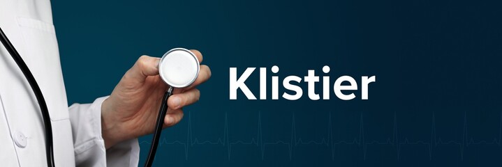 Klistier. Arzt im Kittel hält Stethoskop. Das Wort Klistier steht daneben. Symbol für Medizin, Krankheit, Gesundheit