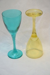 Mock up design set of elegant and traditional drink ware / drinking glass & Jar for wine or juice, colorful transparent isolated on black background 