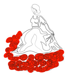 One continuous line drawing of woman walking in the rose garden.
illustration of flower garden and young woman.
