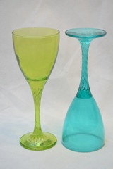 Mock up design set of elegant and traditional drink ware / drinking glass & Jar for wine or juice, colorful transparent isolated on black background 