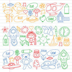 Fototapeta na wymiar Vector icons and elements. Kindergarten, toys. Little children play, learn, grow together.