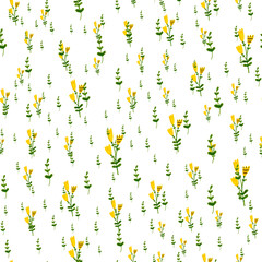 Chaotic hand drawn seamless pattern with yellow flowers and green branches. Marker / Watercolor illustration