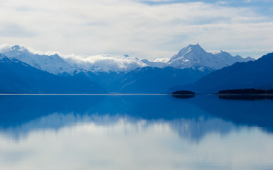 Lake Pukaki in New Zealand. Soft focus. Landscape panorama photograph.