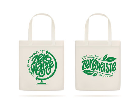 Eco bags realistic set with zero waste prints. Vector illustration.