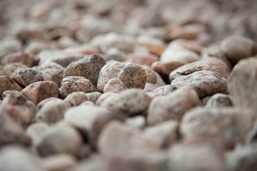 Narrow depth of field of thousands pink pebbles on the ground. Stones isolated on a blurry background. Textured abstract backdrop.