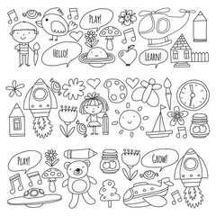 Vector icons and elements. Kindergarten, toys. Little children play, learn, grow together.