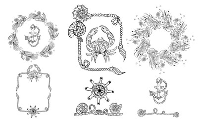 Marine outline set of pre-made composition of fish, jellifish, anchor, crab, rope, helm, seashell. Vector line art set of composition for postcard, flyer, tag. Black hand drawing graphic, illustration