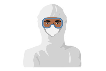 African-american man personnel wearing PPE, full personal protective equipment.  Isolated portrait illustration.