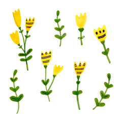 Cute set of hand drawn yellow flowers and green branches. Marker / Watercolor illustration. 