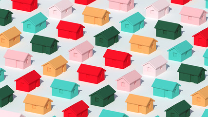 An array of simple small colorful rural houses on white