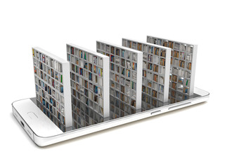 Bookcase with books on a smartphone screen isolated on a white background. Electronic library in a mobile phone. Distance education and self-study. Books online. Creative conceptual 3D rendering. - obrazy, fototapety, plakaty