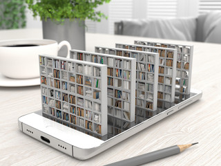 Fototapeta Bookcase with books on a smartphone screen on a desktop. Electronic library in a mobile phone. Distance education and self-study. Books online. Creative conceptual 3D rendering. obraz